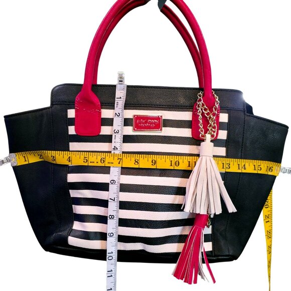 Betsey Johnson Striped Tote Bag With Red Handles And Tassel Charm Black & White - Picture 6 of 11